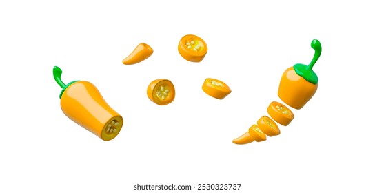 3d vector illustration of orange hot pepper, cut in half, with seeds. This set of organic vegetables presents dietary dishes and fresh ingredients.