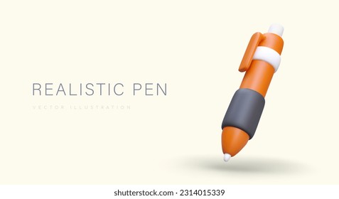 3d vector illustration with orange pen. Advertising poster, landing page for stationery store concept. Colorful vector illustration in cartoon style with white background