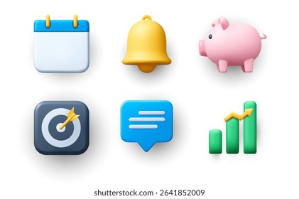 3D vector illustration pack of six business and finance icons—calendar, notification bell, piggy bank, goal target, chat bubble, and rising bar chart—isolated on white for apps, UI, infographics.