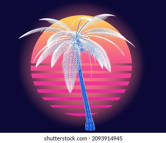 3D vector illustration of a palm in the sunset light. Retrowave and vaporwave aesthetics.