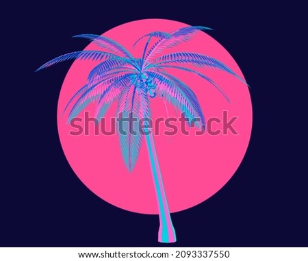 3D vector illustration of a palm in the sunset light. Retrowave and vaporwave aesthetics.