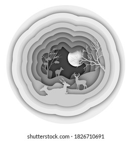 3D vector illustration paper cut, deers on grey color