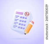 3d vector illustration of a paper sheet with realistic pencil mark and A+ grade test, education and exam concept