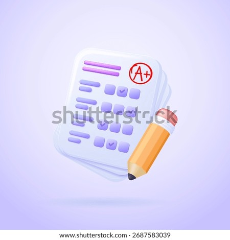 3d vector illustration of a paper sheet with realistic pencil mark and A+ grade test, education and exam concept