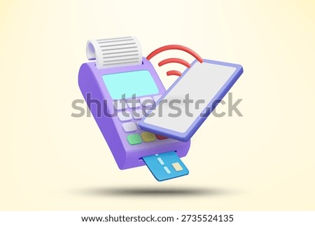 3D vector illustration of payment terminal machine with credit card and smartphone. Concept for contactless NFC transaction and mobile shopping. Retail business background template.