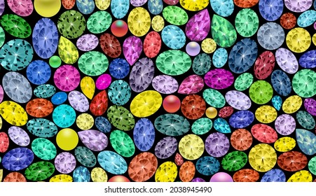 3D vector illustration with pearls, crystals, emeralds, gems, rhinestones and colorful beads. 