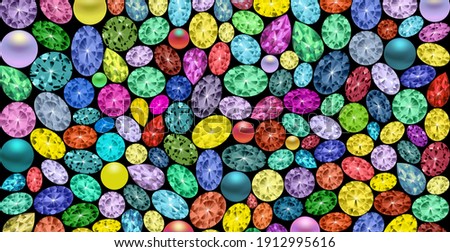 3D vector illustration with pearls, crystals, emeralds, gems, rhinestones and colorful beads. 
