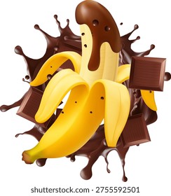 3D vector illustration of a peeled yellow banana with its top partially dipped in rich glossy dark melted chocolate dynamic liquid chocolate splash in  background