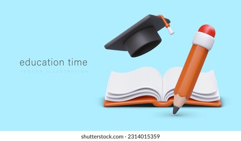 Ilustración vectorial 3d con lápiz, sombrero y libro. Afiche publicitario, página de inicio del concepto de universidad. Ilustración vectorial colorida en estilo de caricatura con fondo azul