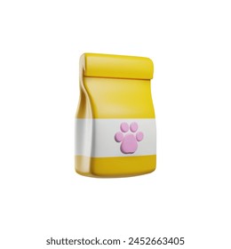 3D vector illustration of a pet food package with a vibrant yellow color and a pink paw print, perfect for branding.