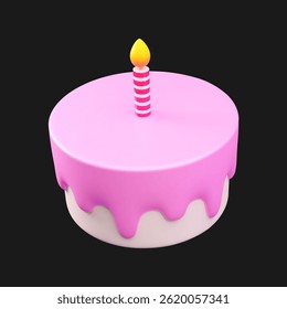 3D vector illustration of a pink birthday cake with dripped icing and a single striped candle, set against a simple background. The cake conveys celebration and festivity in a minimalist style.