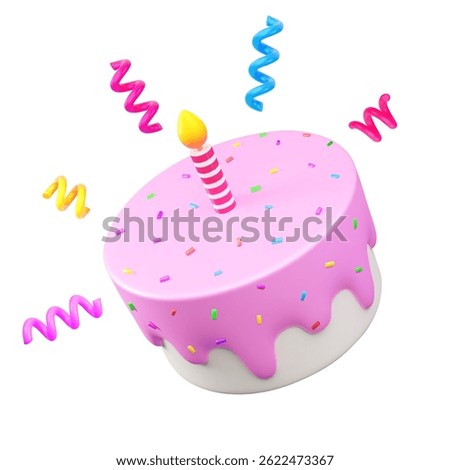 3d Vector illustration of a pink birthday cake with a striped candle, colorful sprinkles, and festive streamers. Ideas for celebration, party invitations, for festive occasions.