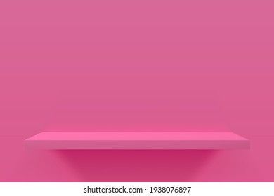 3d vector illustration of pink empty shelf on pink wall. Minimal mockup design for product presentation.