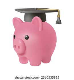 3d vector illustration of a pink piggy bank icon wearing a gray graduation cap with a gold tassel Concepts about financial planning, education, saving money for the future. Isolated on white backgroun