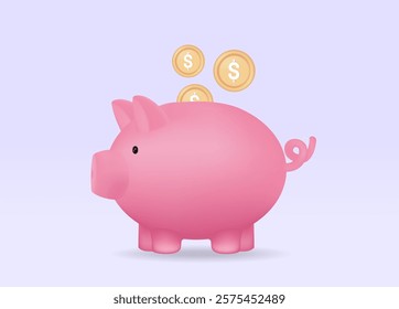 3D vector illustration of a pink piggy bank icon, minimalist style, with a gold coin with a dollar sign being inserted into it. Concepts of saving money, financial management, investing for the future