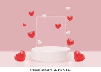 3D vector illustration of pink product podium with heart balloons and gift boxes. Concept for Valentine's day sale background and promotion. Minimalist and clean modern festive design template.