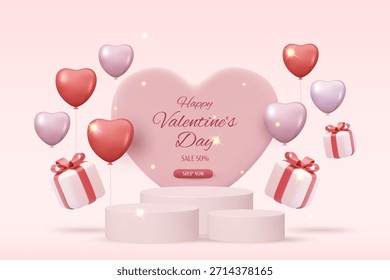 Ilustración vectorial 3D del podio rosado del producto con el corazón grande y las cajas de regalo flotantes. Concepto para la venta del día de San Valentín 50 por ciento de descuento en la promoción. Minimalista y limpia Plantilla de diseño festivo moderno.