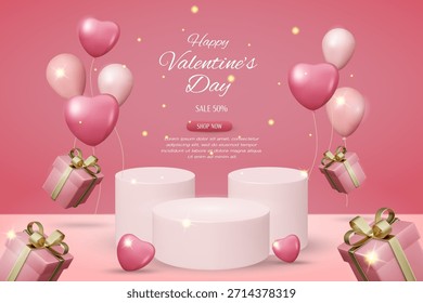 Ilustração vetorial 3D de pódio de produto rosa com balões cardíacos e caixas de presente. Conceito para fundo e promoção da venda do dia dos namorados. Modelo de design festivo moderno minimalista e limpo.