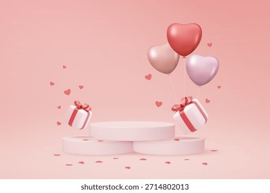 Ilustración vectorial 3D de podio de producto rosa con cajas de regalo flotantes y globos de corazón. Concepto para el fondo de la venta del día de San Valentín y exhibición romántica. Diseño festivo moderno minimalista y limpio.