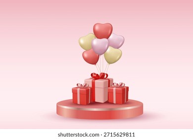 Ilustración vectorial 3D de podio de producto rosa con cajas de regalo y globos de corazón. Concepto para el fondo de la venta del día de San Valentín y exhibición romántica. Diseño festivo moderno minimalista y limpio.