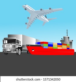3d vector illustration Plane, truck, train, ship logistic rail transportation . Concept Delivery service vector
