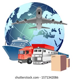 3d vector illustration Plane, truck, train, ship logistic rail transportation . Concept Delivery service around the world globe.
