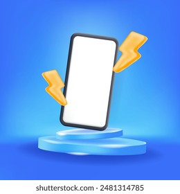3D-Vektorillustration-Podium mit Smartphone und Blitzschrauben, symbolisiert Blitzverkauf auf einem lebendigen blauen Hintergrund