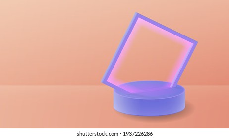 3d vector illustration podium, stage, stage
cylinder with a square frame partially cut off. Dark purple-violet backlit frame.