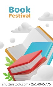 3D vector illustration of a poster with a stack of closed and open books among clouds. Book festival. Reading, education and literacy theme. Cartoon style. Isolated background. Rendering.