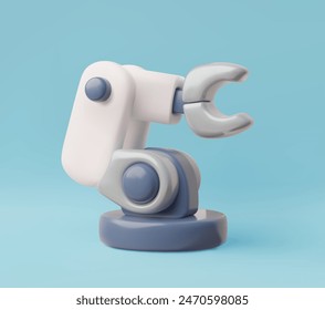 3D vector illustration presents a chatbot icon modeled as a mechanical robotic arm, finished in serene white and blue. This design emphasizes the integration of technology and automation