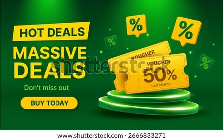 3d Vector illustration of a promotional Hot Deals banner, featuring 50% discount vouchers on a podium, percentage icons, and a glowing green background for sales and marketing campaign
