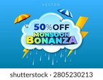 3D vector illustration of rain, a monsoon cloud background with up to 50% off monsoon bonanza logo unit.