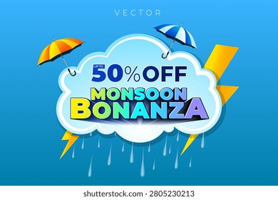3D vector illustration of rain, a monsoon cloud background with up to 50% off monsoon bonanza logo unit.