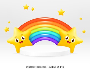 A 3D vector illustration of a rainbow arc with 3d cartoon stars with cute faces, and a little stars. White podium showcase. Perfect for ad, posters, banner designs. Ideal for displaying kids toys 