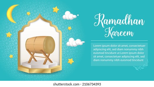 3D vector illustration, Ramadan Kareem banner design with drums, stars and moon, with gold podium background and turquoise green background color.