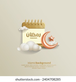 3D Vector Illustration of Ramadan Kareem with Crescent, Calendar, Arabic Calligraphy perfect for Greeting Card, Background, Invitation Template, etc.
