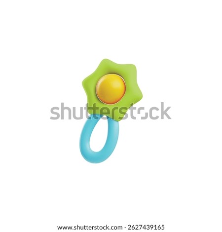 3D vector illustration of rattle toy with handle for newborns. Accessory for baby entertainment and care. Cartoon style. Isolated background. Icon. Rendering.