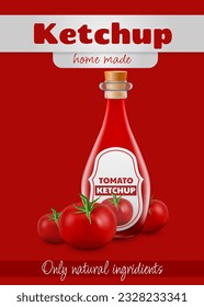 3D vector illustration of a realistic homemade tomato sauce bottle. The image features a glowing glass bottle filled with fresh and flavorful tomato sauce. Use it for banners, posters, or merchandise 