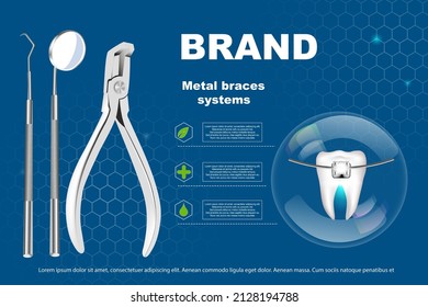 3d vector illustration, realistic teeth with braces. Alignment of the bite of teeth, dentition with braces, dental braces.