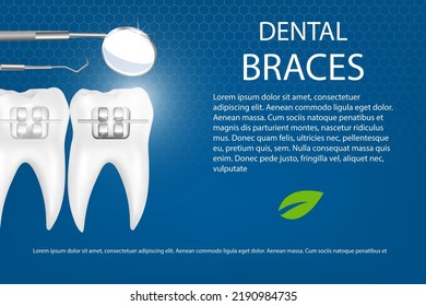 3d vector illustration, realistic teeth with braces and dental tools. Teeth alignment, braces.