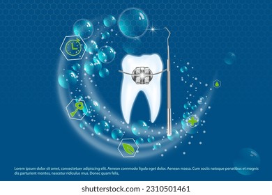 3d vector illustration, realistic teeth with braces. Alignment of the bite of teeth, dentition with braces, dental braces.