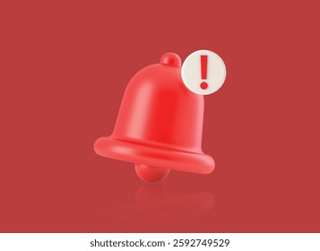 A 3D vector illustration of a red alarm bell with an exclamation mark symbol, representing caution or urgent warning. Perfect for concepts of alerts, notifications, and emergency situations