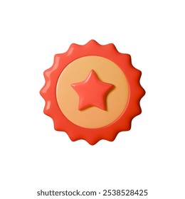 Ilustração vetorial 3D da fita de prêmio vermelho com emblema de estrela. Design de emblema limpo e moderno para comemorar conquistas, vitórias ou melhor desempenho. Perfeito para marcas, certificados