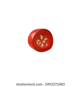 3D vector illustration of a red chili pepper slice with seeds and realistic details, ideal for recipes and healthy food design. Cartoon style on isolated white background.