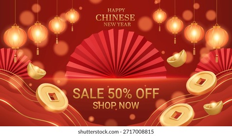 Ilustração vetorial 3D de leque vermelho com moedas de ouro e venda 50% de texto. Conceito para fundo de promoção de férias de ano novo chinês. Modelo de banner de design festivo de luxo e premium.