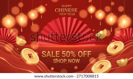 3D vector illustration of red fan with gold coins and sale 50 percent off text. Concept for chinese new year holiday promotion background. Luxury and premium festive design banner template.