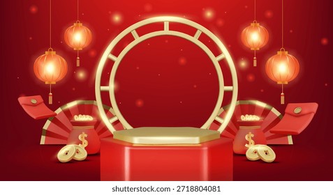3D-Vektorgrafik des roten Sechseck-Podiums mit goldenem Kreisrahmen und Geldtaschen. Konzept für chinesische Neujahrsfest Reichtum Hintergrund. Luxus und Premium festliche Design-Vorlage.