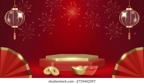 3D-Vektorgrafik des roten Sechseck-Podiums mit Glaslaternen und goldenem Feuerwerk. Konzept für chinesische Neujahrsfest Reichtum Hintergrund. Luxus und Premium festliche Design-Vorlage.
