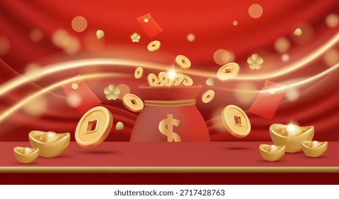 Ilustración vectorial 3D de bolso de dinero rojo con monedas de oro volador y lingotes. Concepto para la celebración de la riqueza del año nuevo chino y la fortuna afortunada. Diseño de fondo de vacaciones festivas de lujo y premium.