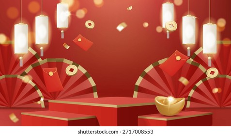 Ilustración vectorial 3D de podio rojo con linternas blancas y sobres rojos voladores. Concepto para el fondo de vacaciones de año nuevo chino y la celebración de la riqueza. Plantilla de diseño festivo de lujo y premium.